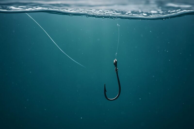 クリアな水中でフロロカーボンラインに結ばれた黒いフックが沈んでいく様子を捉えたイメージ