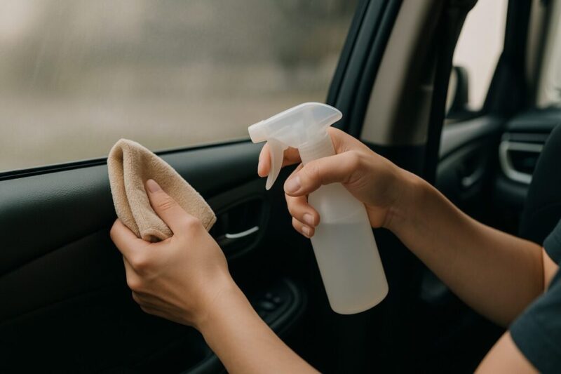 クリーナーを直噴きせずクロスに取って内窓を拭く安全な掃除イメージ。