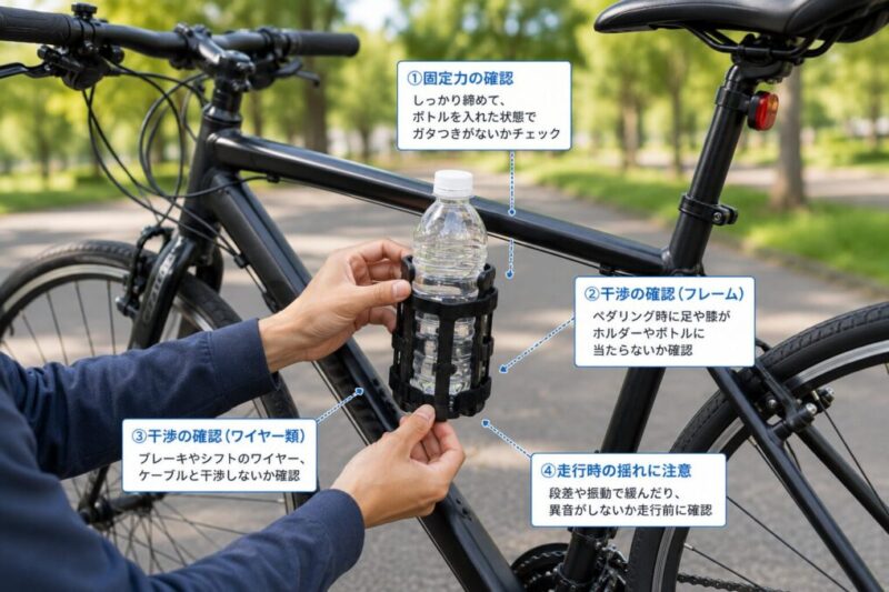 クロスバイクに取り付けたペットボトルホルダーの固定力と干渉を確認する様子