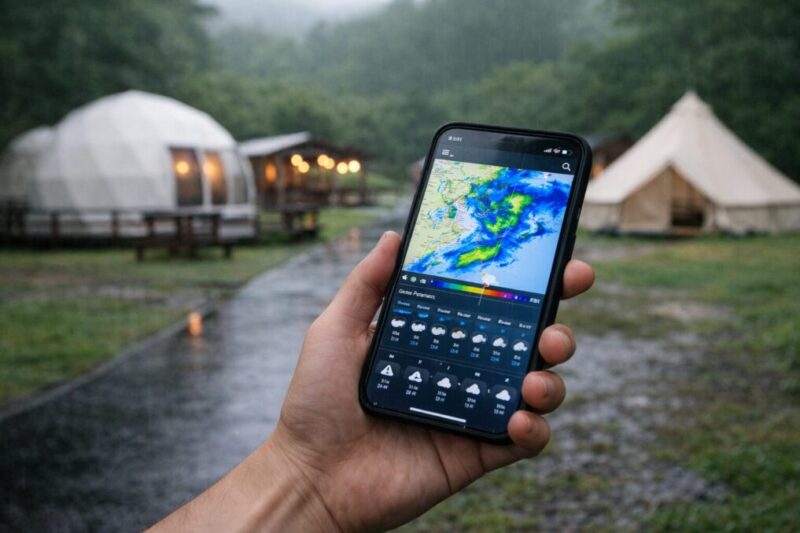 グランピング前に雨雲レーダーと天気予報を確認する様子