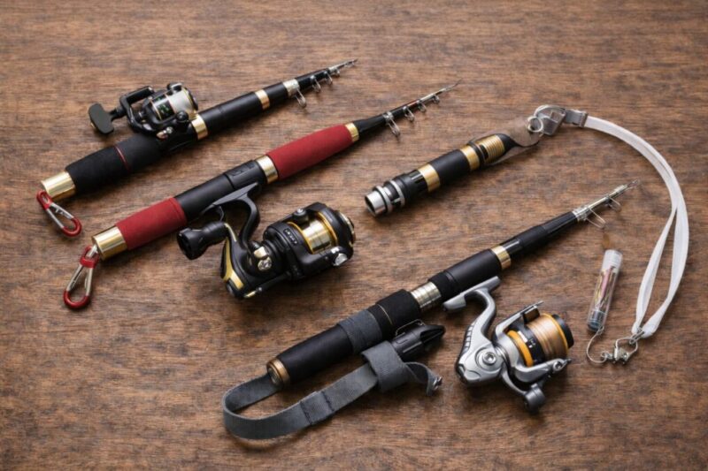グリップやストラップ、小型リールなどを工夫したペン型ロッドの改造例を机の上で比較している様子