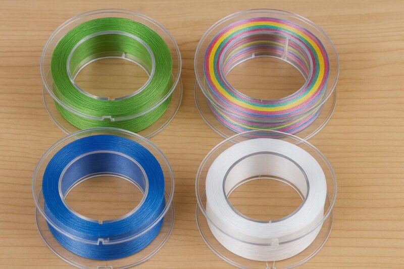 グリーン・マルチカラー・ブルー・ホワイトの4種類のPEラインスプールを並べてメーカーごとの特徴をイメージした写真