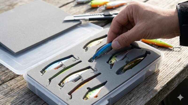 ケース内にスポンジを敷きルアーを固定する様子