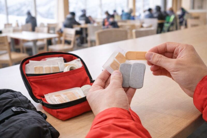 ゲレンデで靴擦れの応急処置を準備する手元イメージ