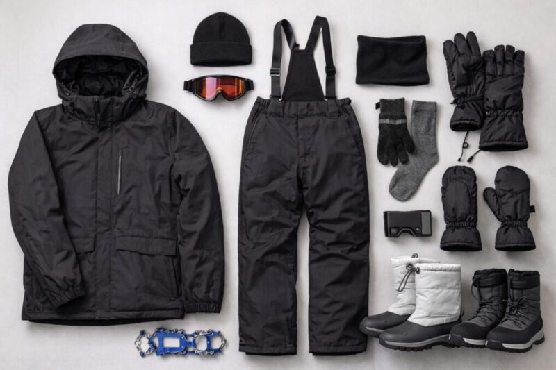 コスパ重視で雪遊び装備をそろえる防寒ウェアのフラットレイ