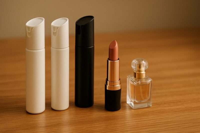 コスメと並べた無地のスリム防犯スプレーで、女性でも持ち歩きやすいサイズ感を示すイメージ