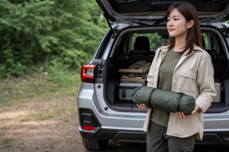 コンパクトな収納袋のソロテントを持ち運ぶ女性キャンパー