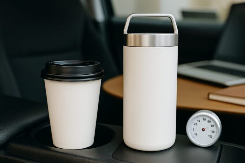 コンビニカップと真空マグのサイズを比べて日常使いのイメージを示す写真。