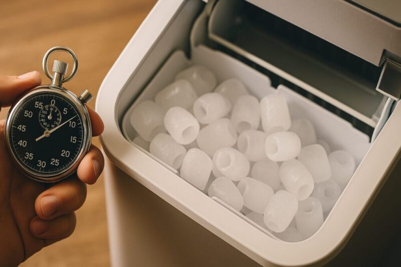 サイクル時間の速い小型製氷機を想起させる、ストップウォッチとバレット氷トレイのイメージ