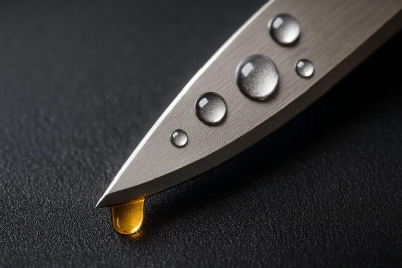 サテン仕上げのナイフ刃先に水滴と防錆オイルの雫が乗ったマクロ写真。刃材の耐摩耗性と防錆ケアを示すイメージ