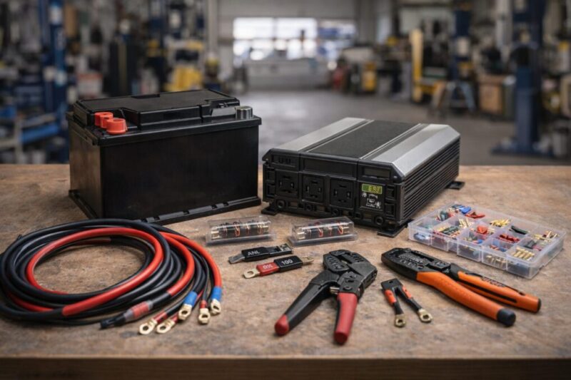 サブバッテリー取り付け費用に関わる主な部材が並んだイメージ