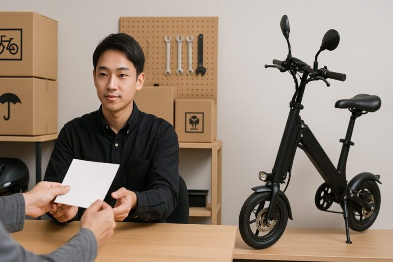 サポートカウンターで日本人スタッフが保証書を渡し、横にロゴのない折りたたみ電動バイクが展示されているイメージ