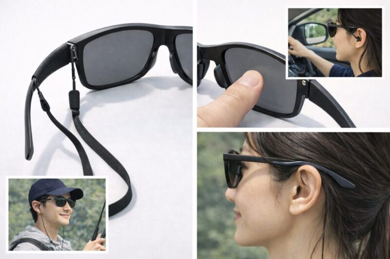 サングラスの落下防止パーツとアウトドア使用イメージ