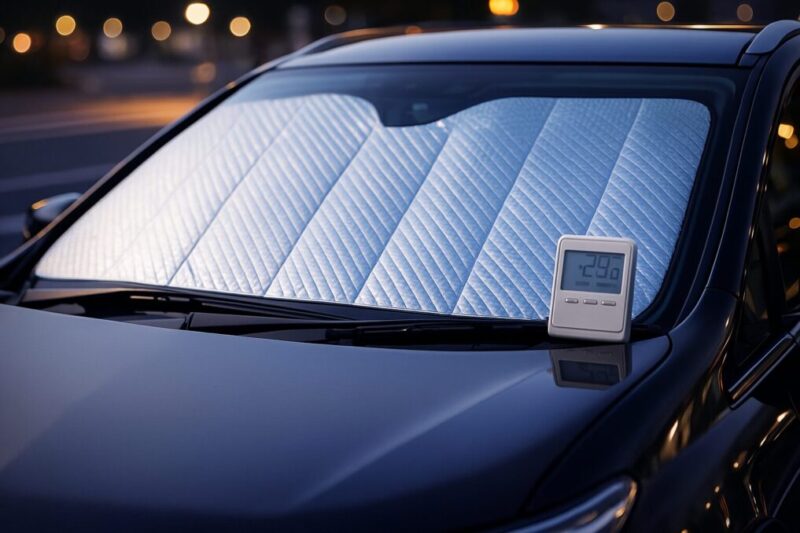 サンシェードで日差しと外灯を遮り車内温度対策をするイメージ