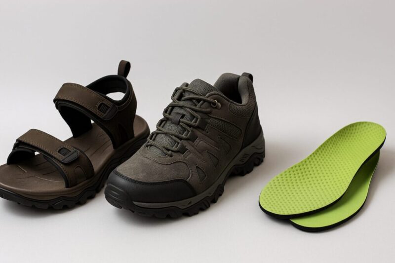 サンダル・ローカット・インソールの3種を並べた使い分けイメージ。登山やキャンプでの用途別選択を示す