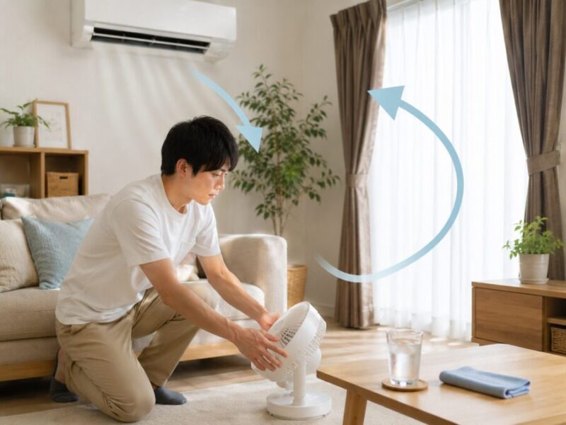 サーキュレーターの向きを調整し、エアコンの冷気を部屋全体へ回している様子
