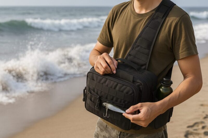 サーフでの防水・砂対策の運用例。上段に重要物、濡れたルアーは外付けバンジーへ一時掛けする様子。