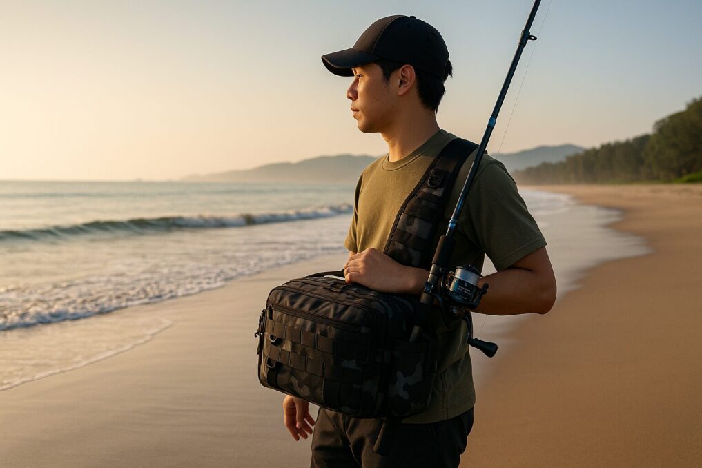 サーフで無地のスリング型フィッシングバッグを使う日本人アングラーの使用イメージ