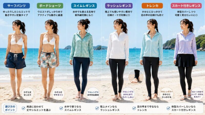 サーフパンツやスイムレギンスなど水着の上に履く下半身用ウェアの比較