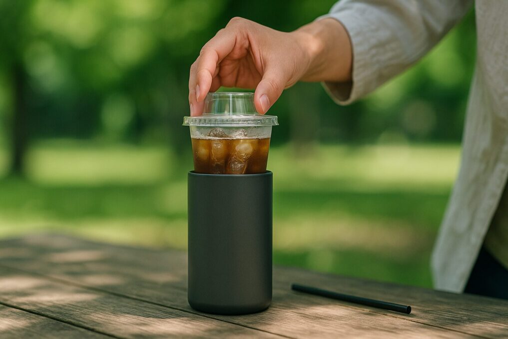 サーモス風の保冷缶ホルダーにコンビニ風カップを差し込む手元のイメージ