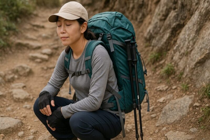 ザックの側面にトレッキングポールをホルダーでしっかり固定した日本人ハイカーが山道で休憩している様子。