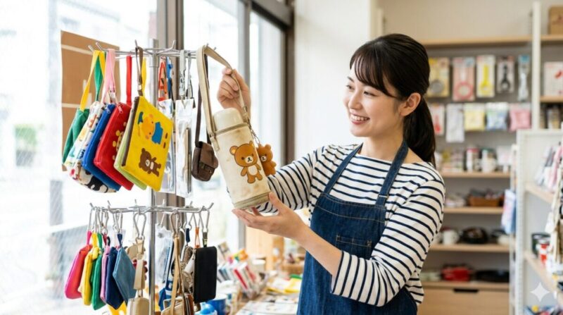 ショップでキャラクター付きボトルホルダーを見る女性