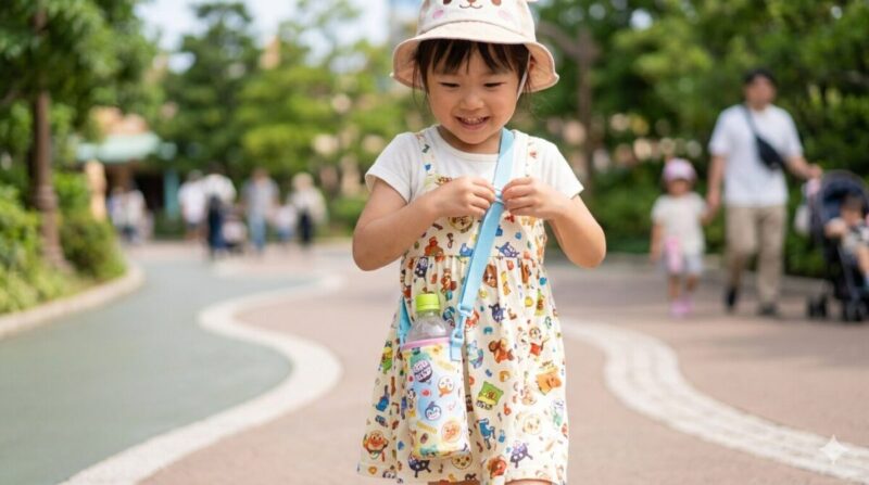 ショルダー型のボトルケースを肩掛けして歩く子供