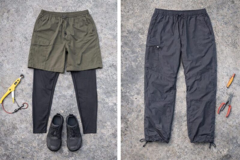 ショーツとレギンスの組み合わせと薄手ロングパンツを並べて違いを見比べる下半身装備イメージ