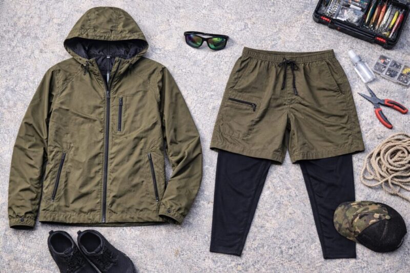 ショーツやレギンス、薄手アウター、帽子をまとめて並べ、手ごろにそろえやすい船釣り向け装備の組み合わせを示したイメージ