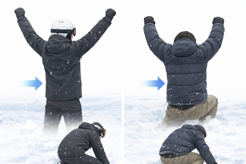 スキーウェアと街用ダウンの動きやすさと防雪性を比較するイメージ