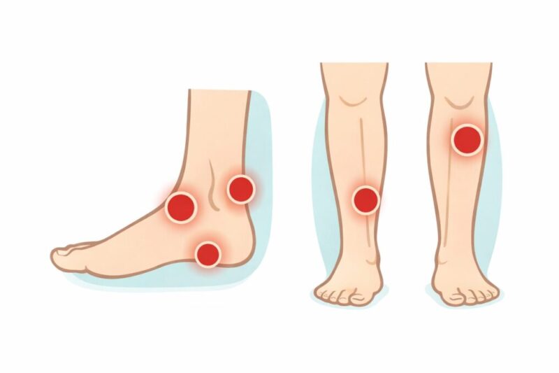 スキーブーツで痛みが出やすい部位（くるぶし周り・かかと・すね）を示した図解イメージ