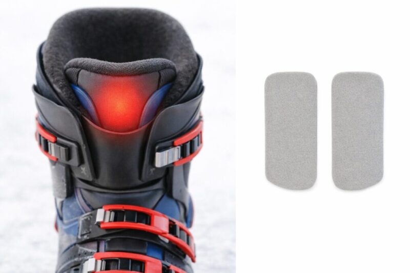スキーブーツの前面をアップで写し、すねに当たりやすい位置と薄いすね用パッドを並べて比較しているイメージ