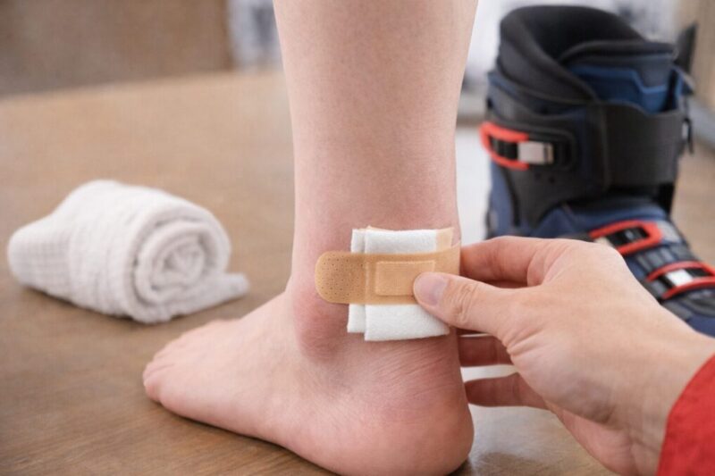 スキーブーツの履き方を整えるために、足首まわりに保護材を当てながら準備している様子