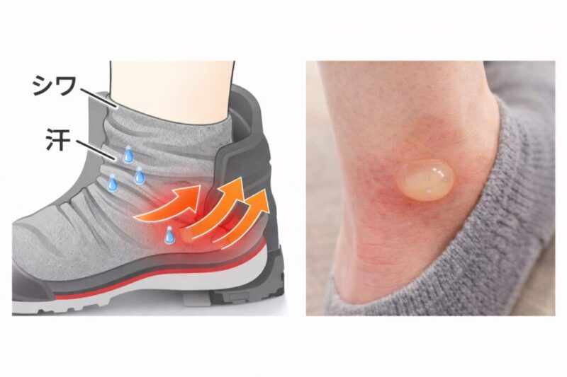 スキーブーツ内の摩擦と湿りで水ぶくれが起きる仕組みのイメージ