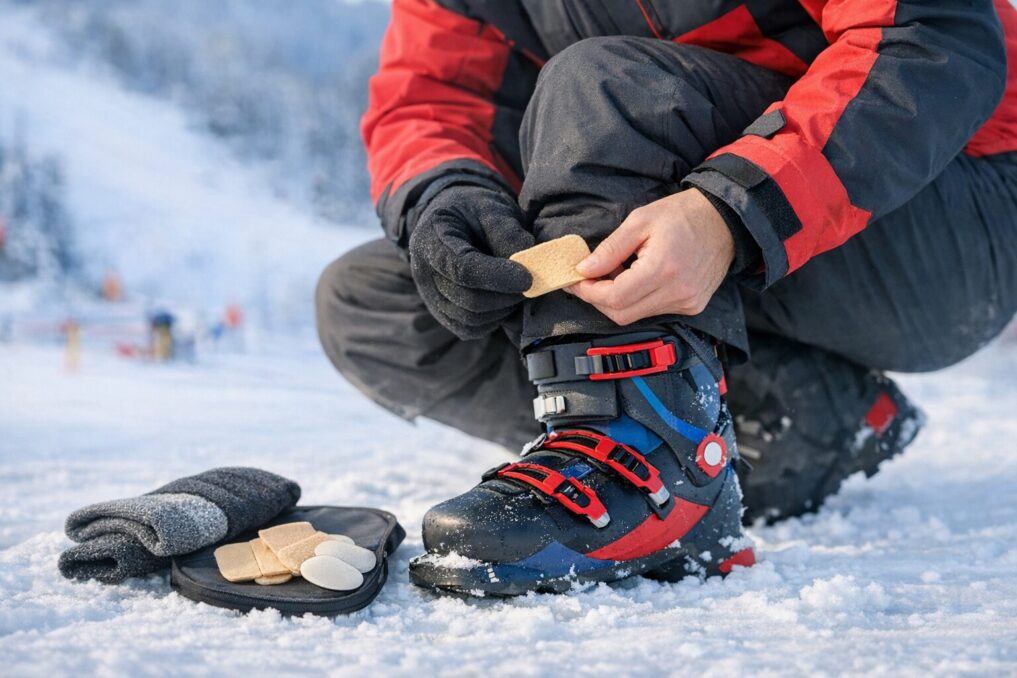 スキー場の雪上でしゃがみ、スキーブーツの足首まわりを確認しながら保護パッドを手にしている様子