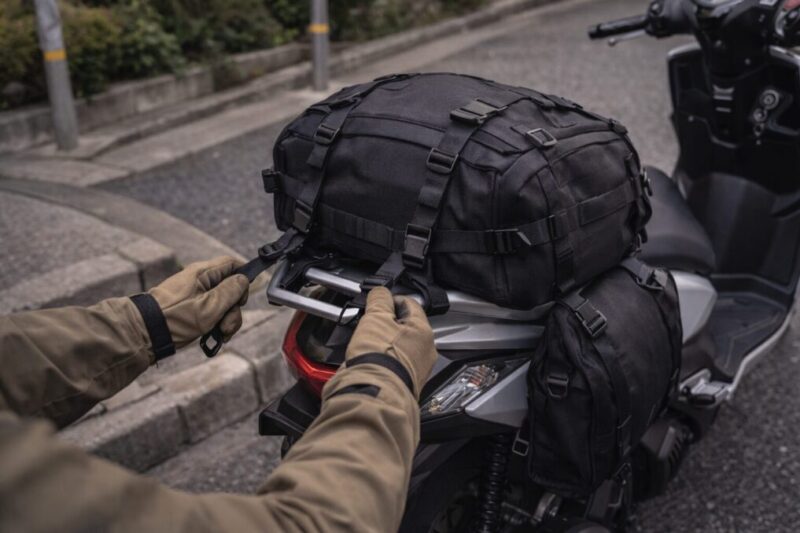 スクーターで荷物を安定固定して走る準備をするイメージ