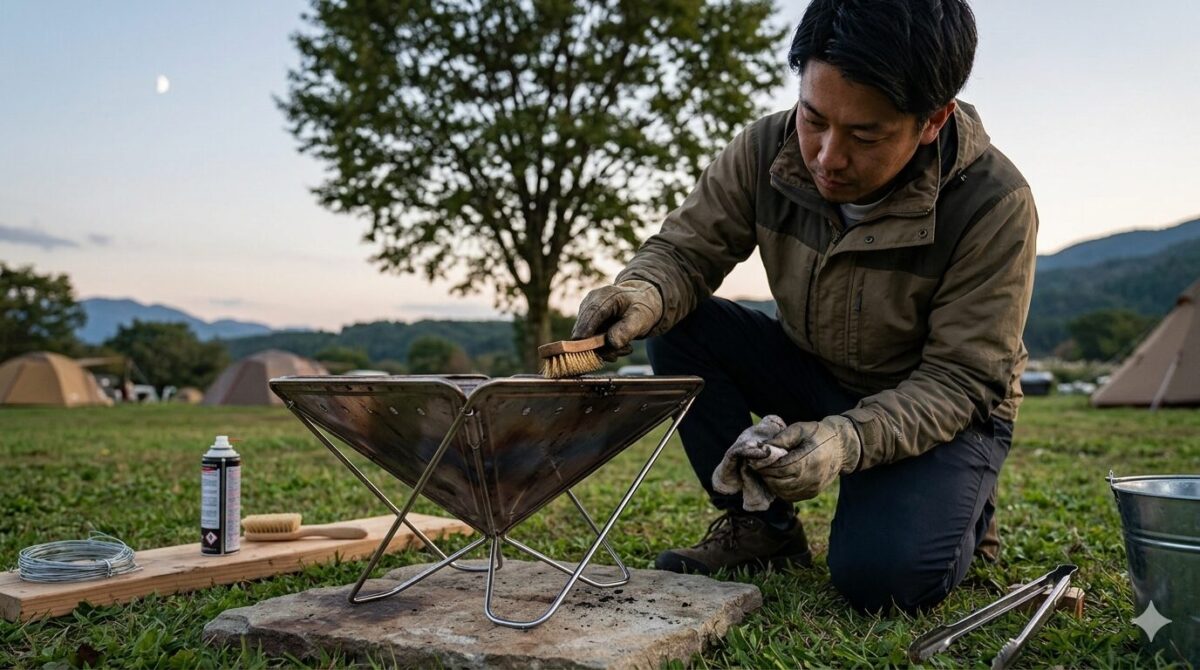 ステンレス製の焚き火台を、専用の真鍮ブラシを使って慎重に清掃・メンテナンスしている様子を捉えた169の写真。