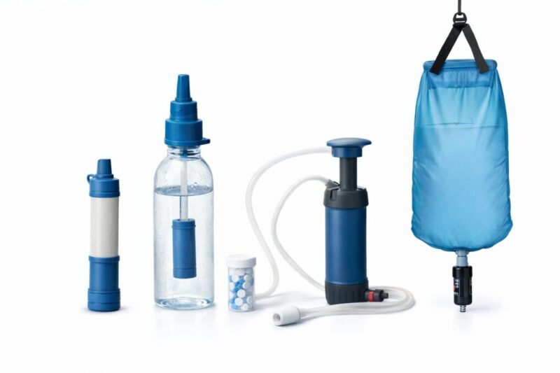 ストロー型・ボトル型・ポンプ型・重力式の携帯浄水器を並べて方式の違いを比較しているイメージ