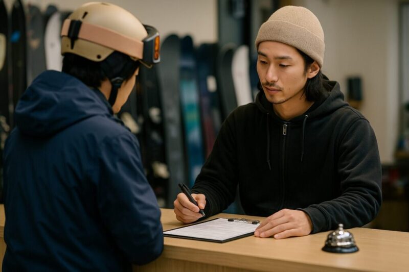 スノーボード店のカウンターで、日本人スタッフが保証やアフターサポートを説明している場面