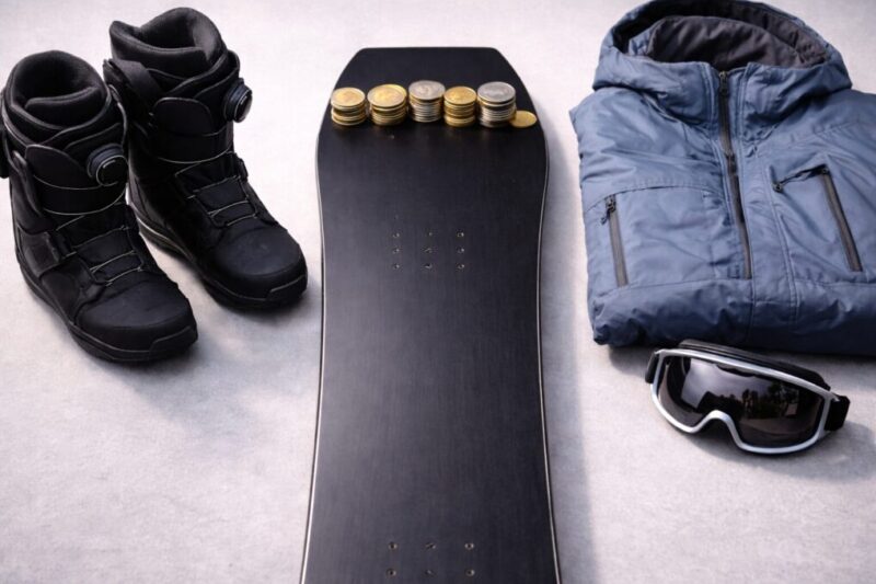 スノーボード本体を中央に、ブーツ・ウェア・ゴーグルとコインを並べて、一式にかかる費用と板の重要性をイメージした俯瞰写真