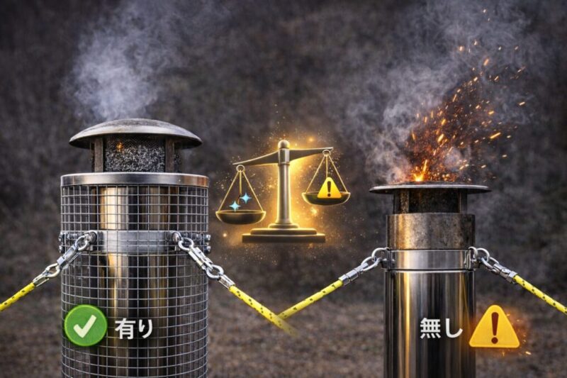 スパークアレスターを装着した煙突と未装着の煙突を並べ、火の粉の出方の違いを比較している様子