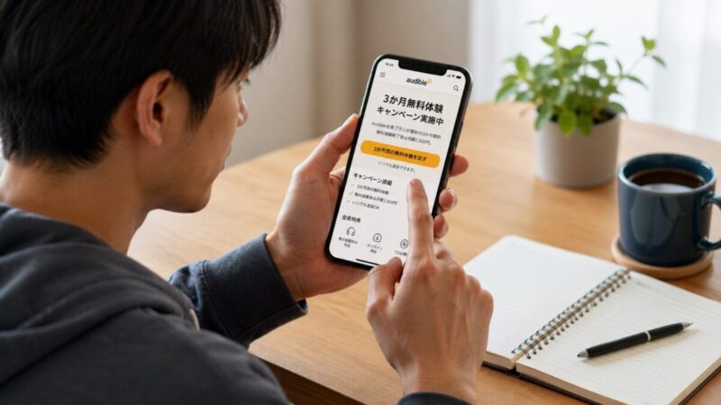 スマホでオーディオブックサービスの料金と無料体験期間を確認する男性