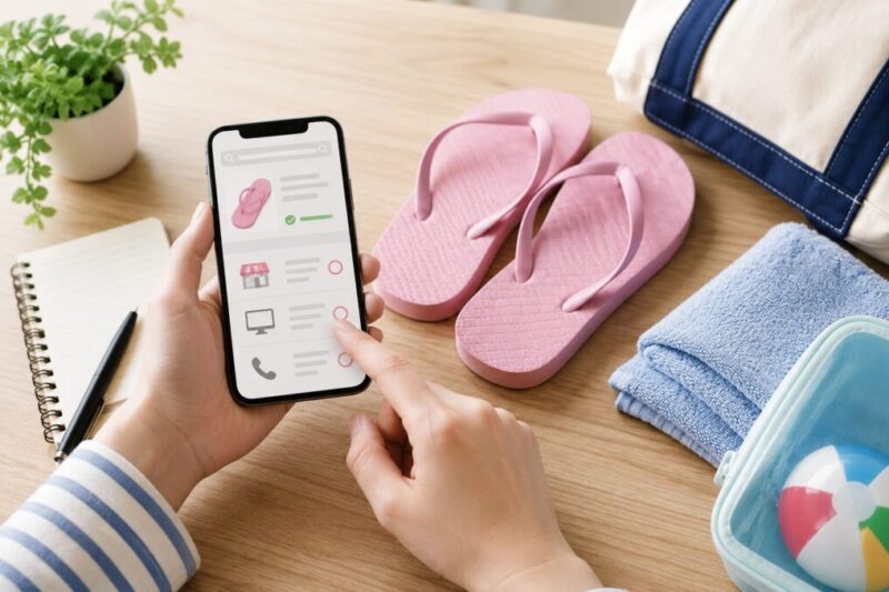 スマホでビーチサンダルの在庫を確認しながら買い物準備をする様子