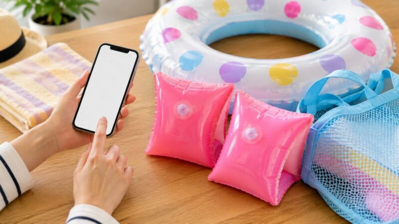 スマホで水遊び用品の在庫を確認しながらアームリングを探すイメージ