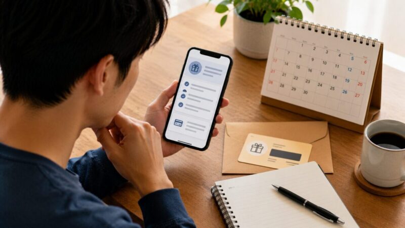 スマホとカレンダーでキャンペーン特典の受取条件を確認する男性
