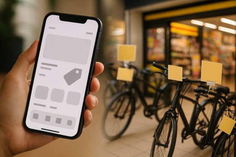 スマホと店舗入口の写真風コラージュイメージ