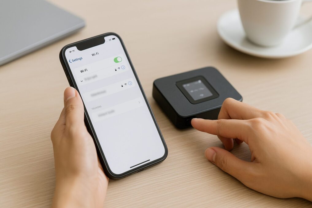 スマホのWi-Fi設定を開き、モバイルWi-Fi端末の電源を入れて接続準備をする日本人の手元の様子