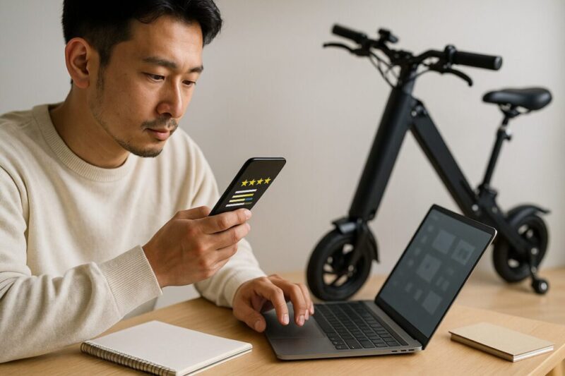 スマホのレビュー評価を見ながら、背景の折りたたみ電動バイクを参考に検討している様子イメージ