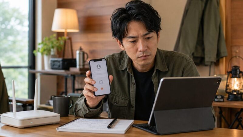 スマホの登録画面と通信機器を確認しながら、動画配信サービスの設定トラブルを切り分ける男性