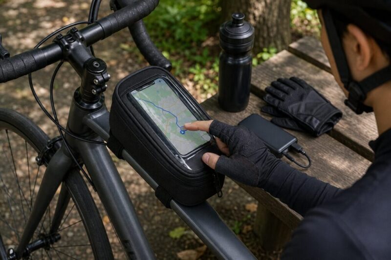 スマホホルダー付きトップチューブバッグをサイクリング中に確認するイメージ